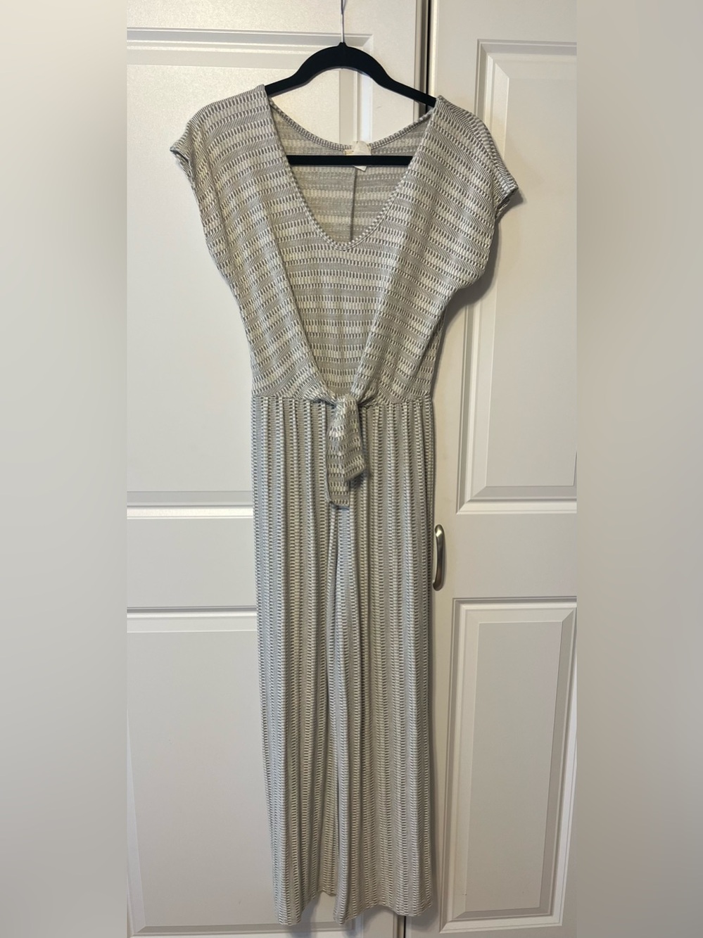 Women's wide leg jumpsuit Striped Knit V-Neck Tie-Waist- grey/white-S